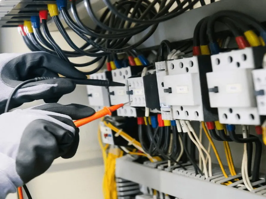 Gloved hands testing wiring inside an electrical control panel with multimeter probes