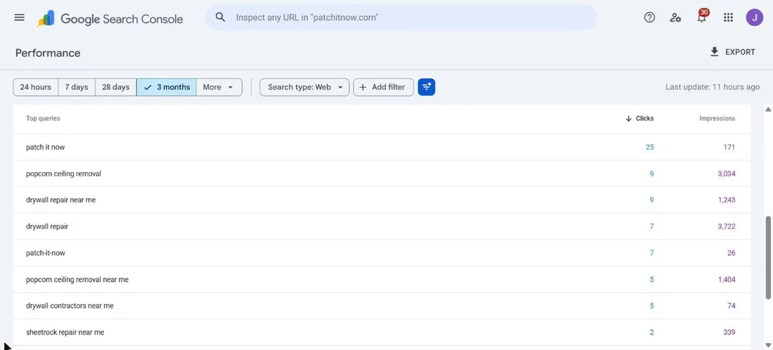 Google Search Console top queries over three months: drywall repair, patch-it-now, popcorn ceiling removal near me, drywall contractors near me