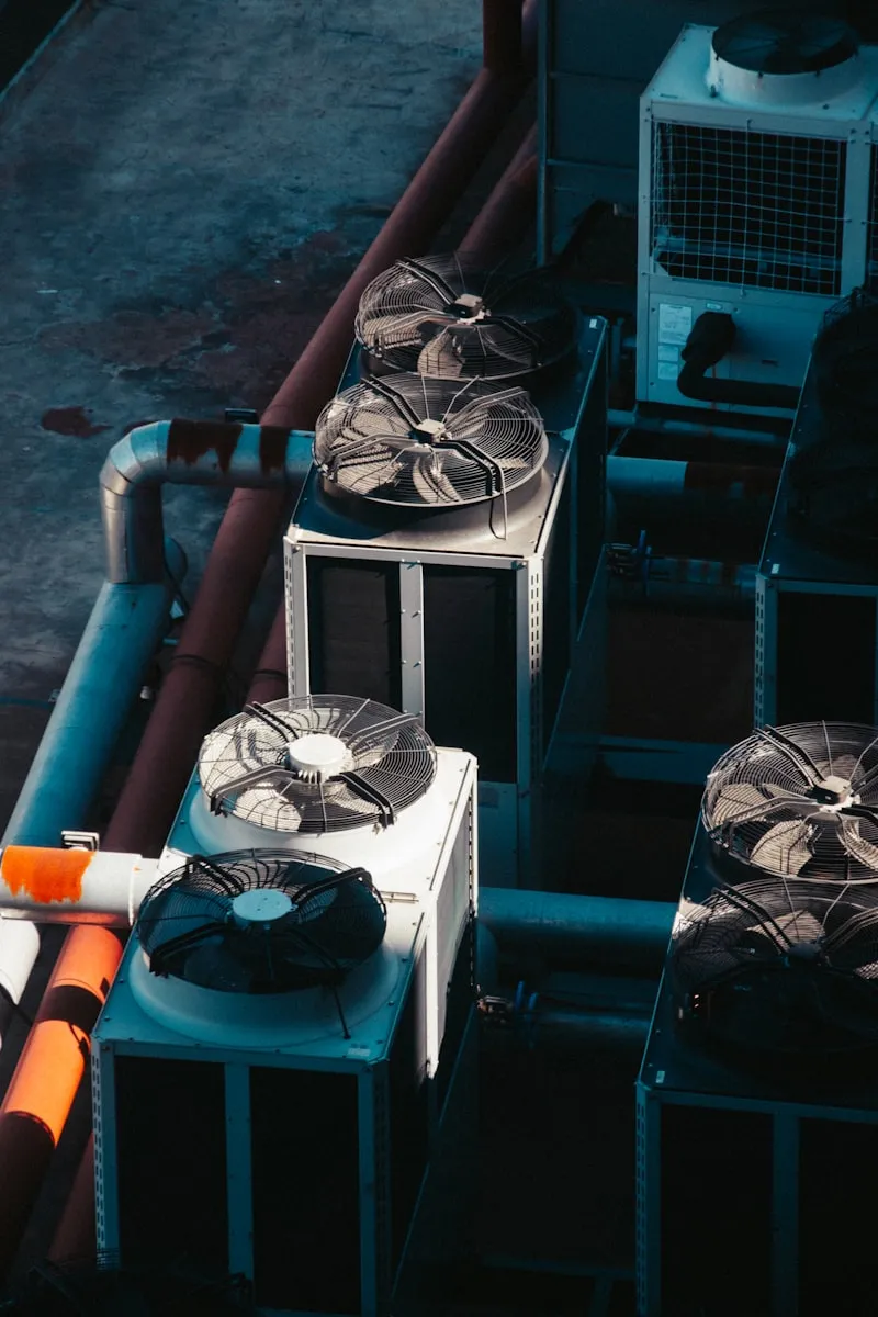 Rows of rooftop air-conditioning condenser units