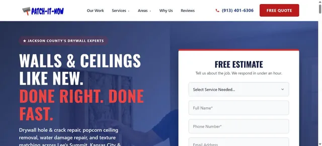 patchitnow.com — the drywall company's website: Walls & ceilings like new, done right, done fast, with a free estimate form