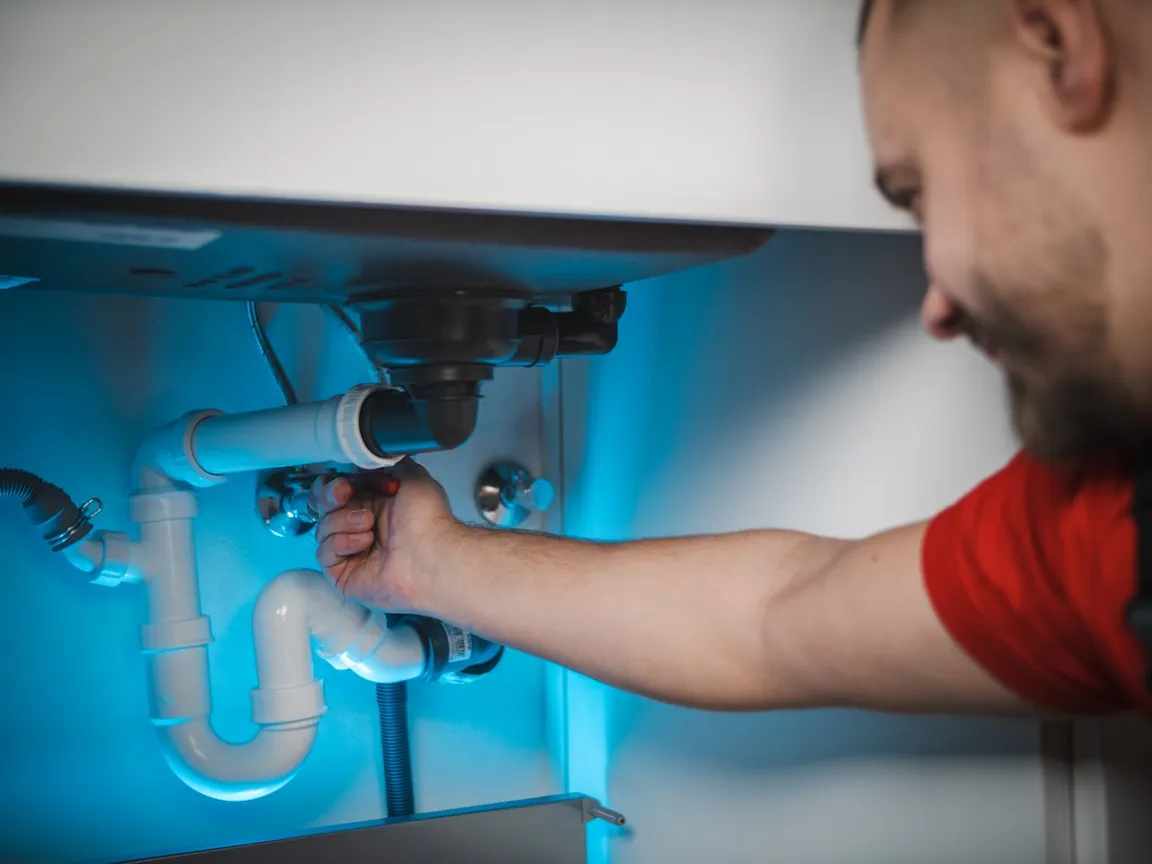 A plumber working on the P-trap under a sink