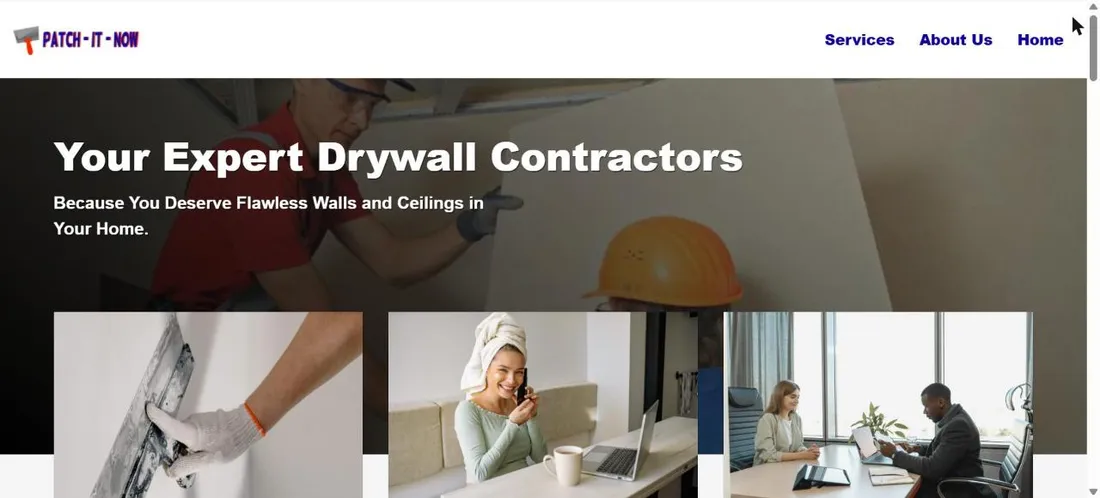 The old Patch-It-Now homepage hero: headline reads Your Expert Drywall Contractors