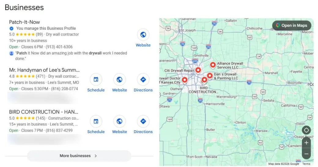 Google local pack for 'drywall repair lees summit', July 31, 2026, with Patch-It-Now in position one above a national franchise